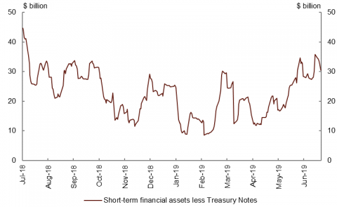 This chart shows the level of short-term financial assets held by the AOFM less Treasury Notes on issue throughout the 2018-19 financial year. It shows the within-year funding requirements during the year, with peak to trough fluctuations of around $36 billion.