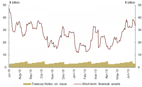 This chart shows the value of short-term financial assets held by the AOFM and Treasury Notes on issue throughout the 2018-19 financial year, in two separate series. The value of short-term financial assets held by the AOFM ranged from around $12 billion to slightly over $47 billion, whilst the face value of Treasury Notes on issue ranged from $2.5 to $5.0 billion.